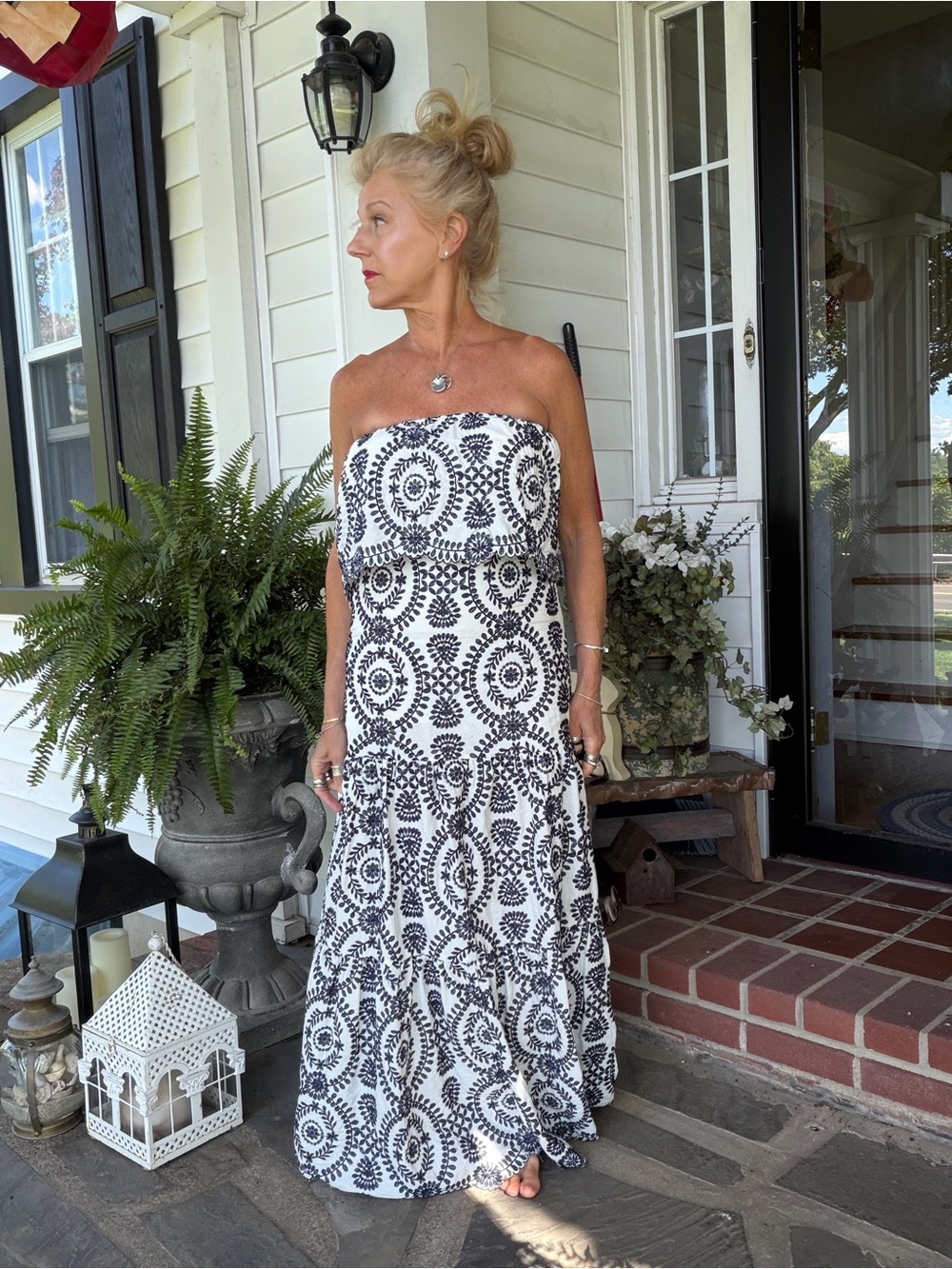 Strapless Navy and White Paisley Medallion Print 2 Pc Maxi Dress